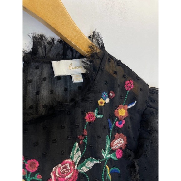 Braeve Women’s XS Embroidered Sheer Swiss dot Midi Dress Black Floral Ruffle - Picture 2 of 6